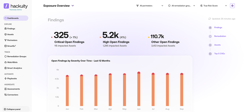 Screenshot of the Hackuity Exposure Overview dashboard showing the full navigation sidebar and 325 critical, 5.2k high, and 110.7k other open findings, with a 12-month bar chart of findings by severity