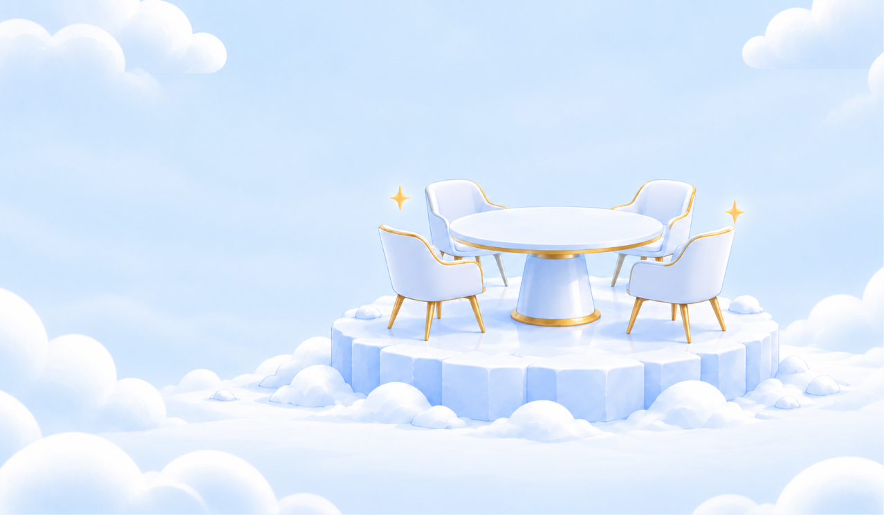 Round table with chairs on an ice platform surrounded by clouds