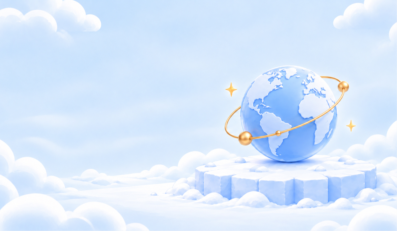 Globe with an orbit ring on an ice platform surrounded by clouds