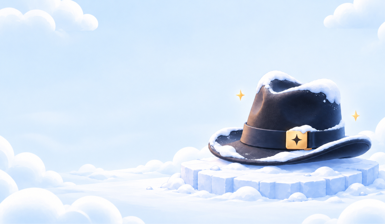 Snow-dusted black hat on an ice platform surrounded by clouds
