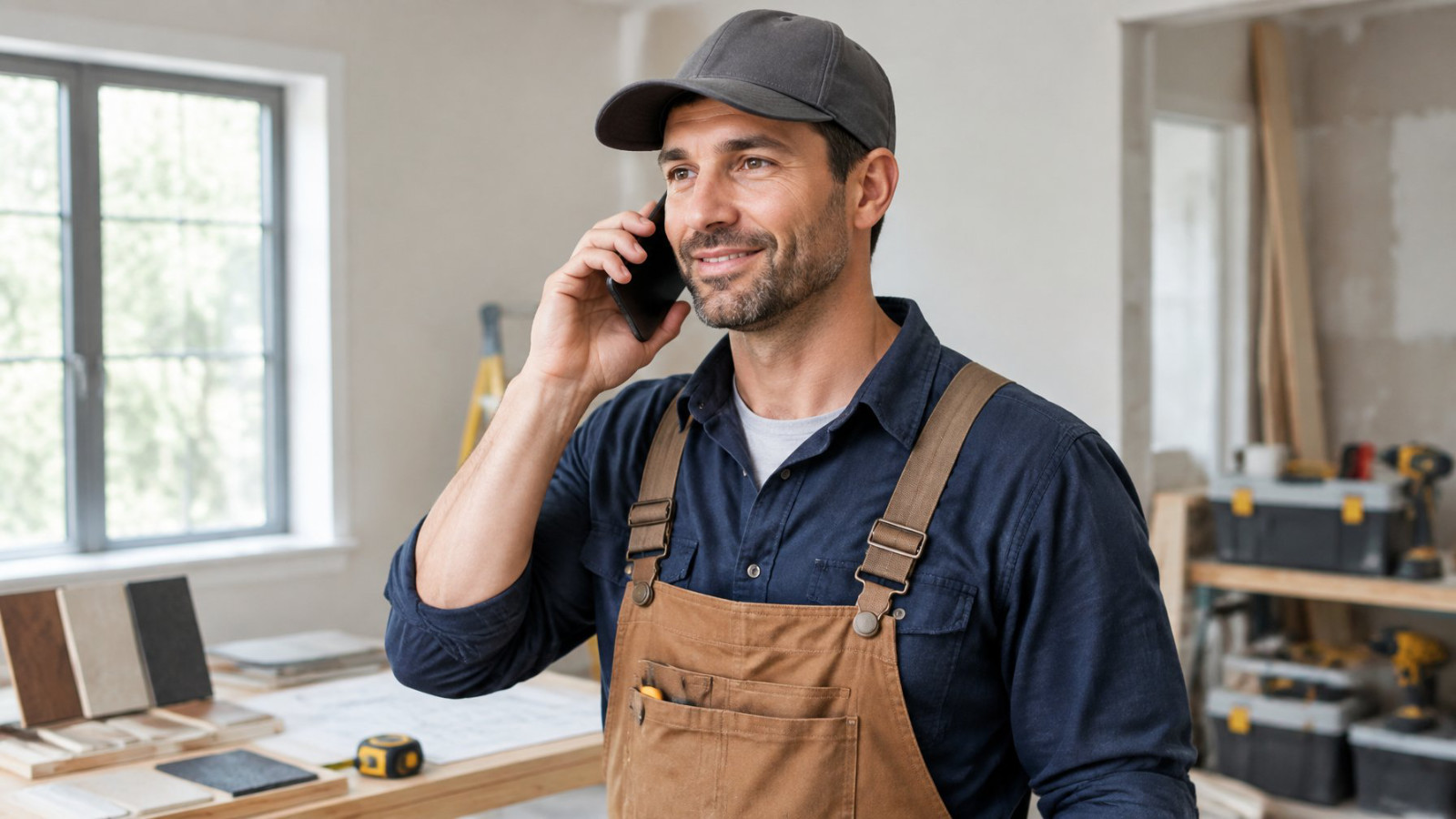 Contractor returning a customer call on a smartphone at a residential renovation site