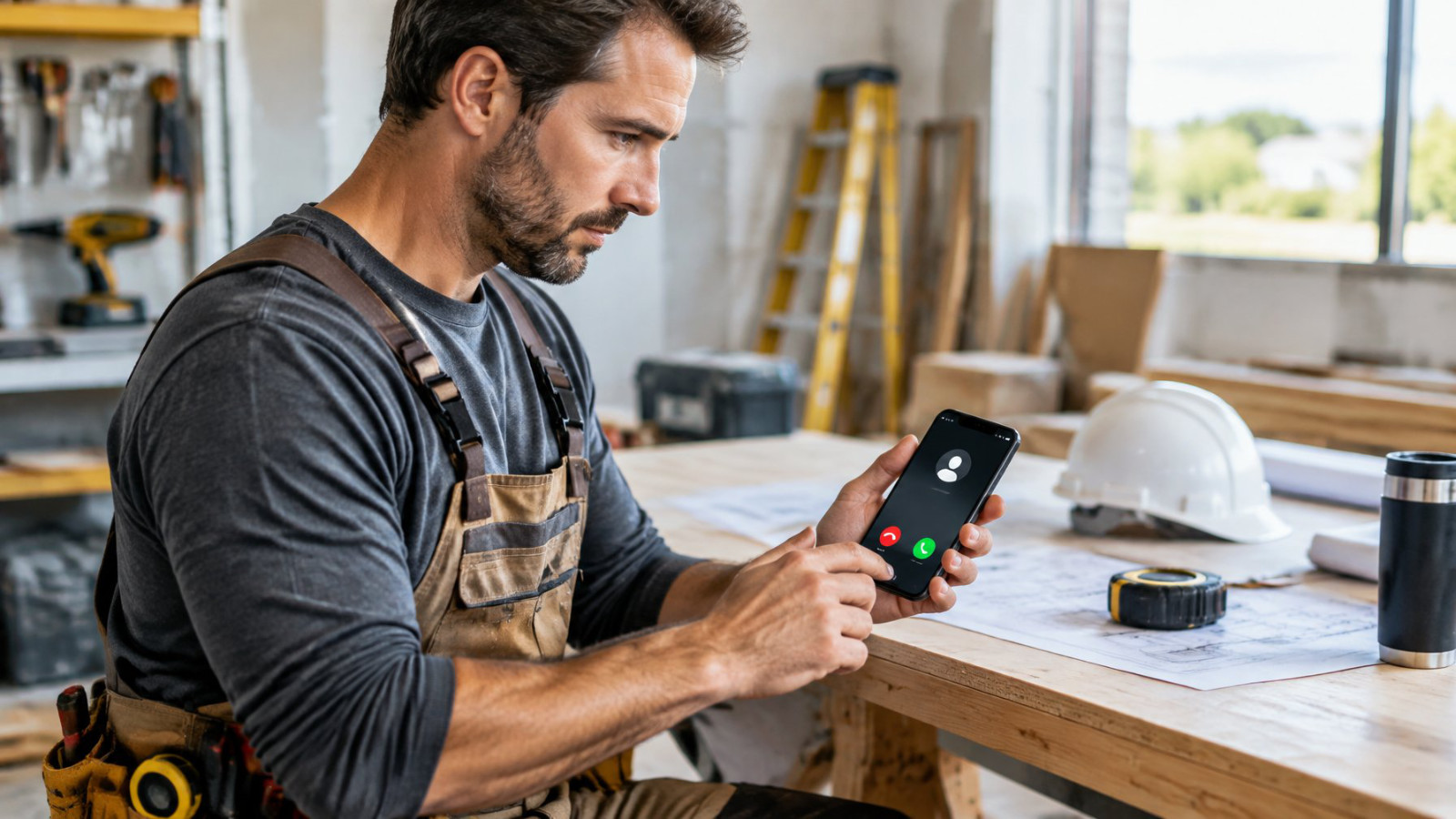 Contractor checking an instant missed-call alert on a mobile phone in a workshop