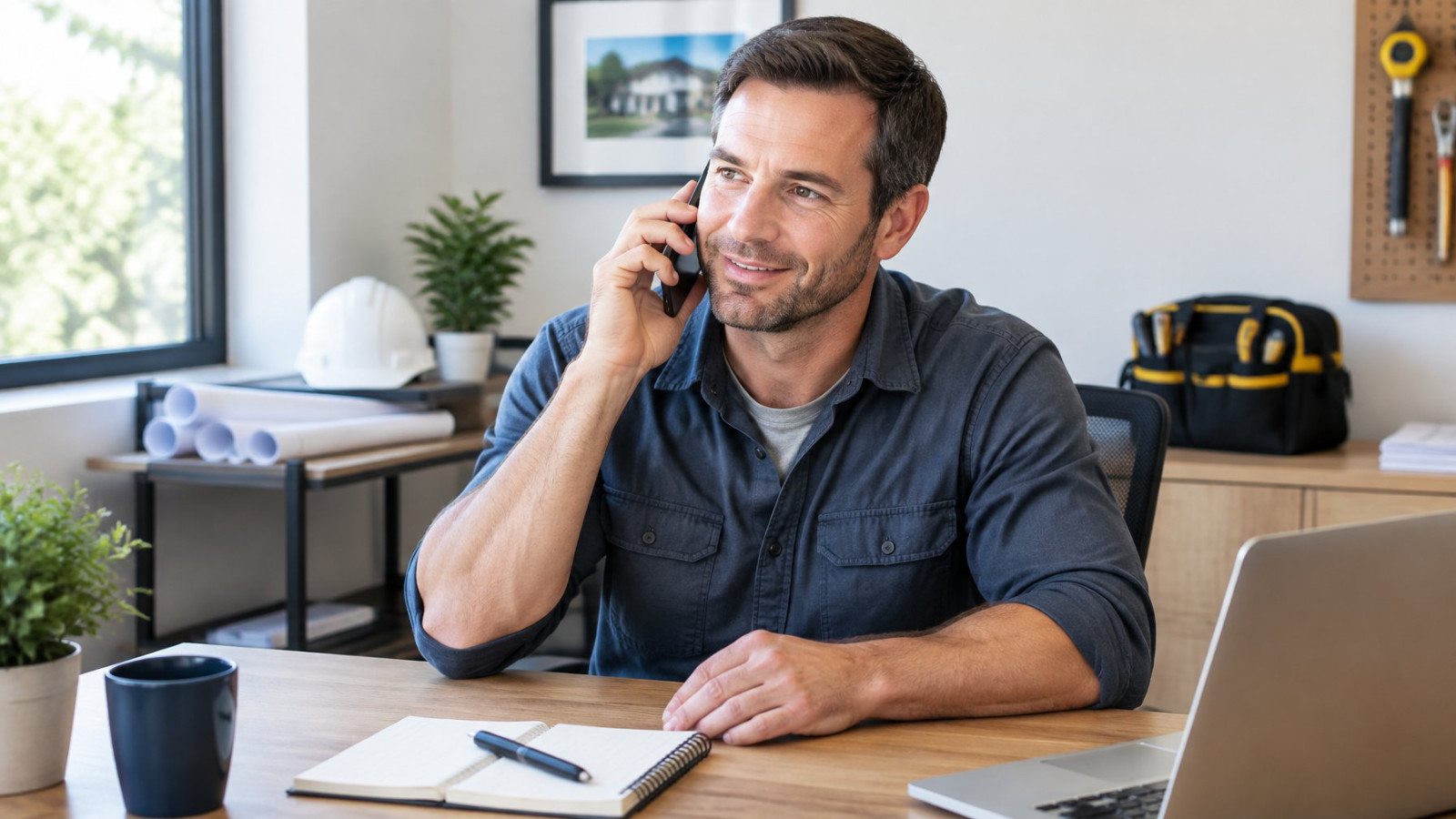 Contractor booking an estimate appointment on a desk phone and reviewing lead details