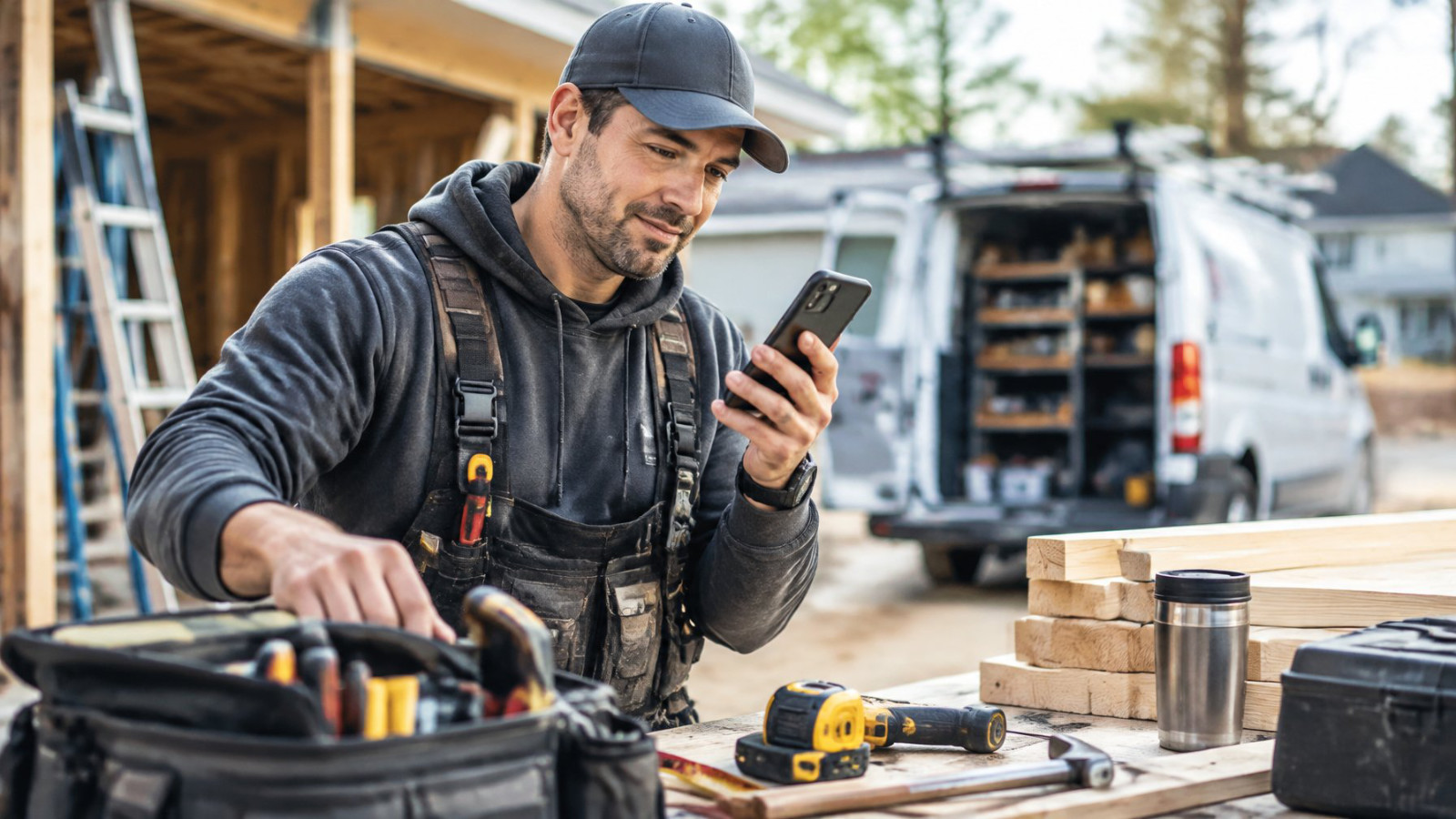 rade professional making a follow-up customer call while organizing tools at a job site