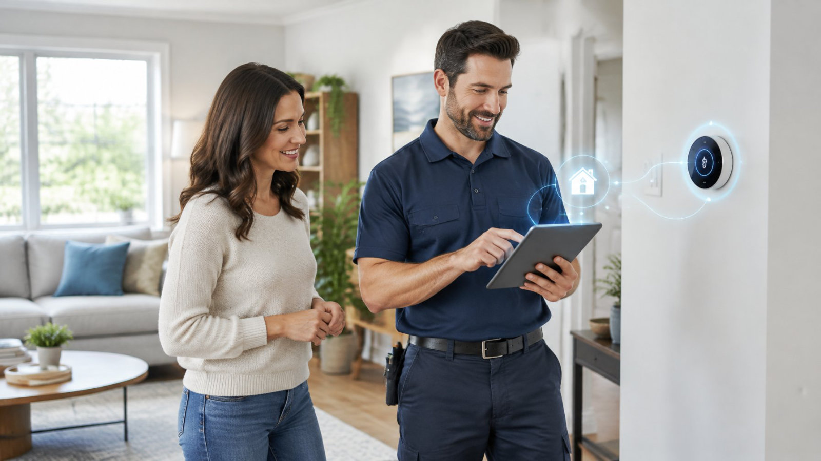 A home-service technician holding a tablet while discussing options with a homeowner beside a wall thermostat.