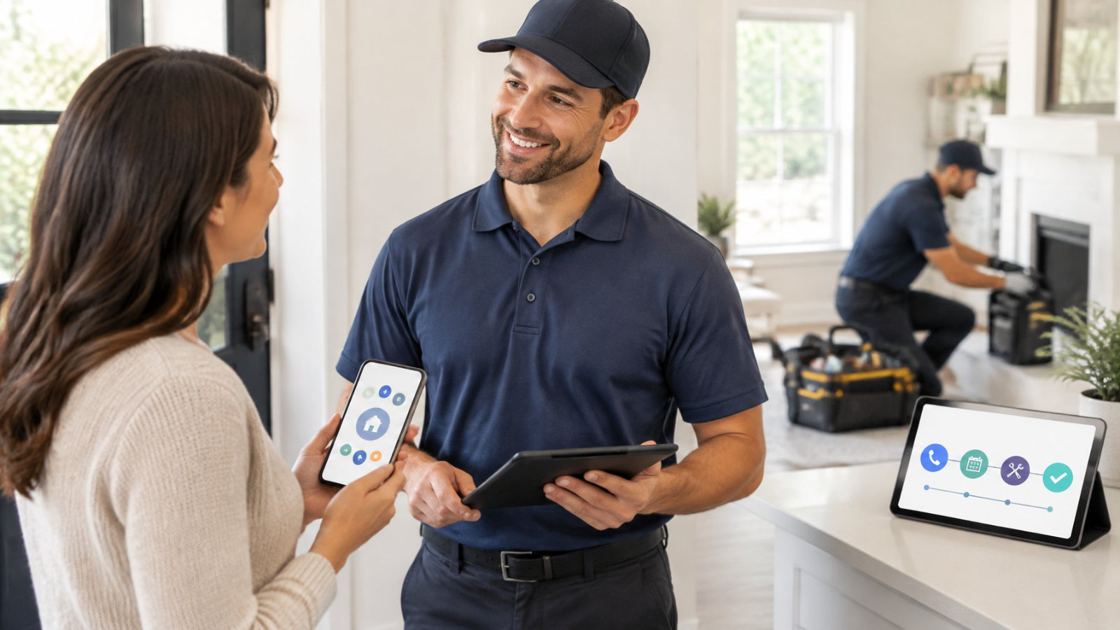 A service professional consulting with a homeowner as a technician organizes tools in the background.