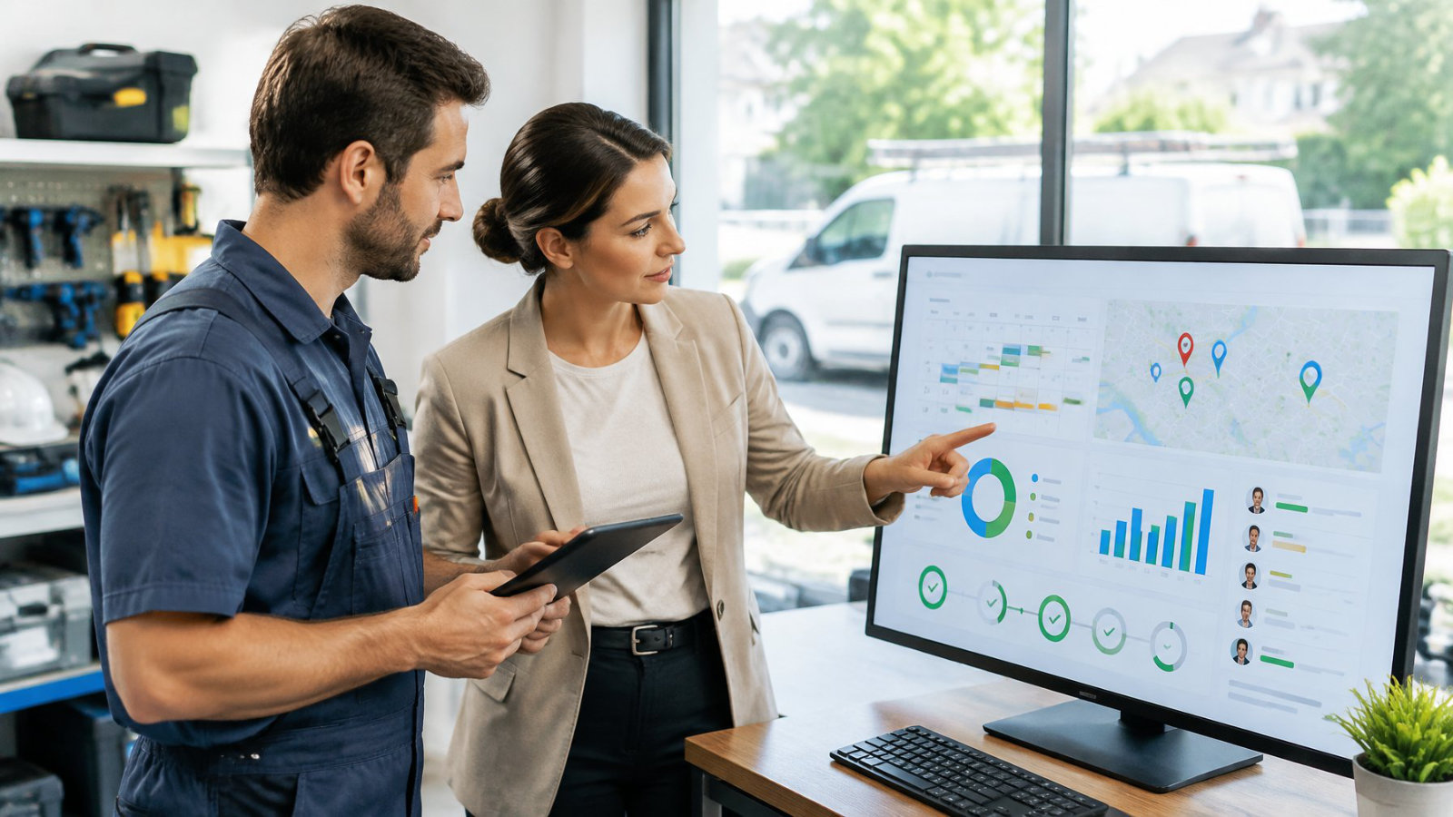 A contractor and service technician analyzing performance metrics on a tablet screen.