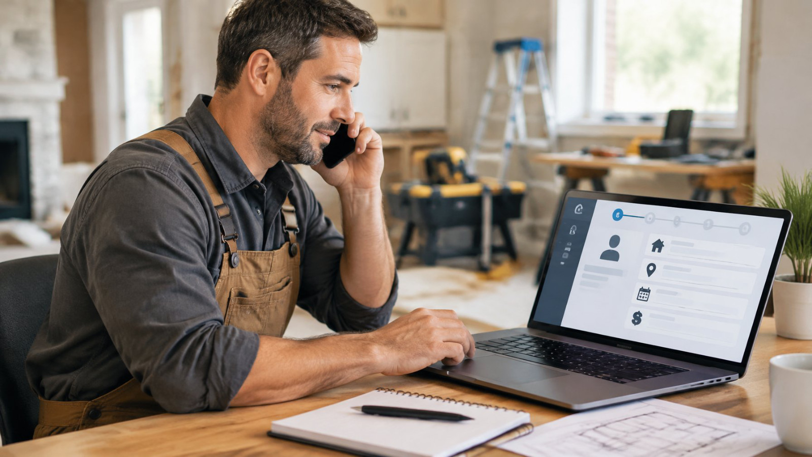 Contractor speaking on a smartphone while qualifying customer project requirements on a laptop.