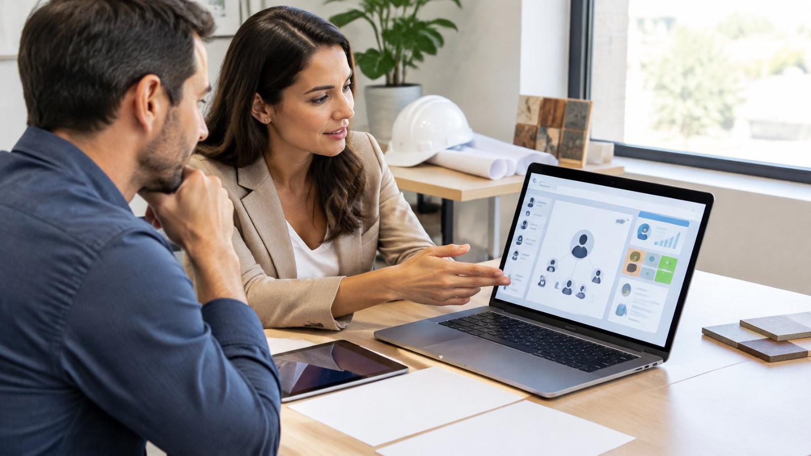 Two contracting business partners reviewing and comparing referral tracking platforms at an office desk.