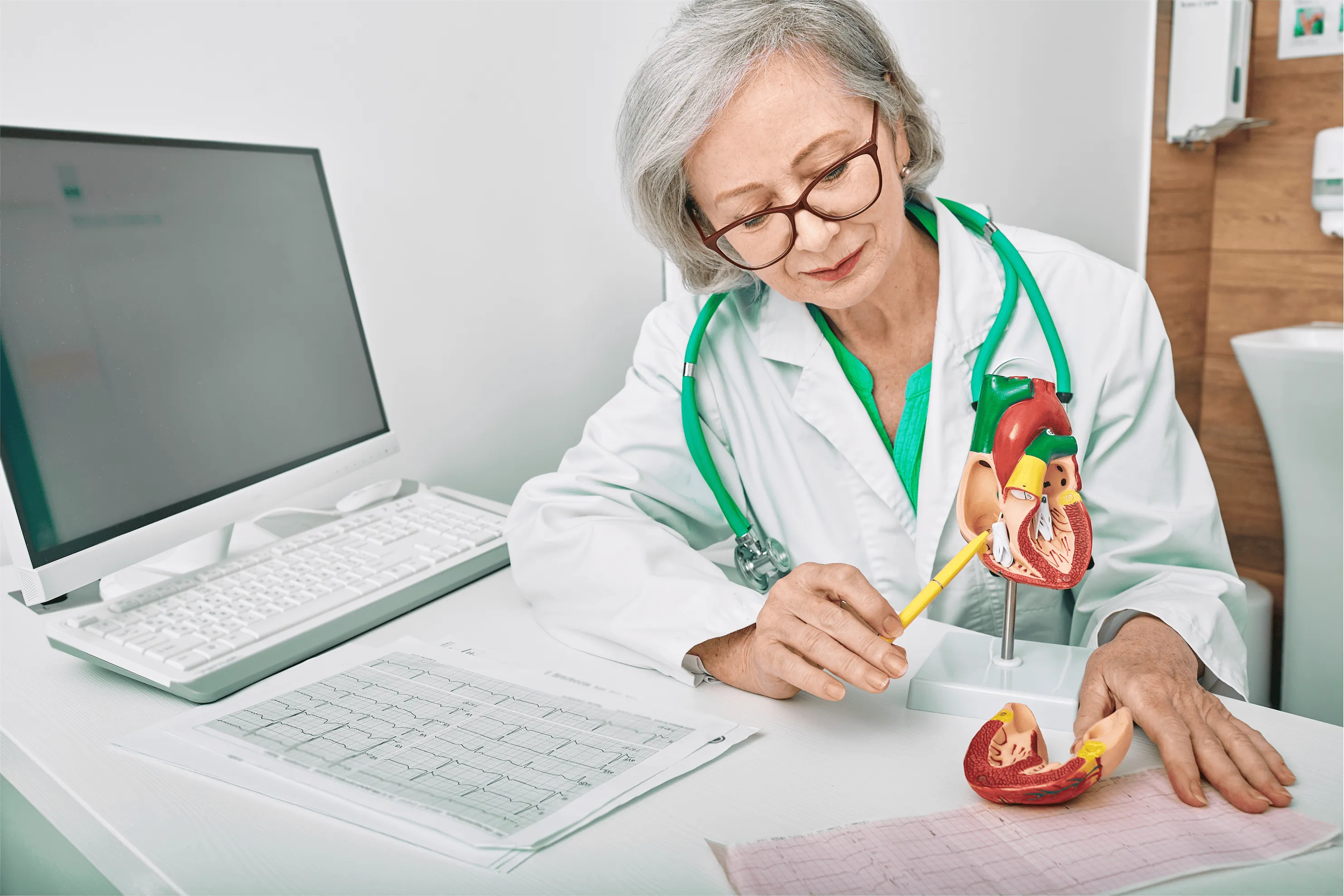 a cardiologist pointing at a mock up of a heart