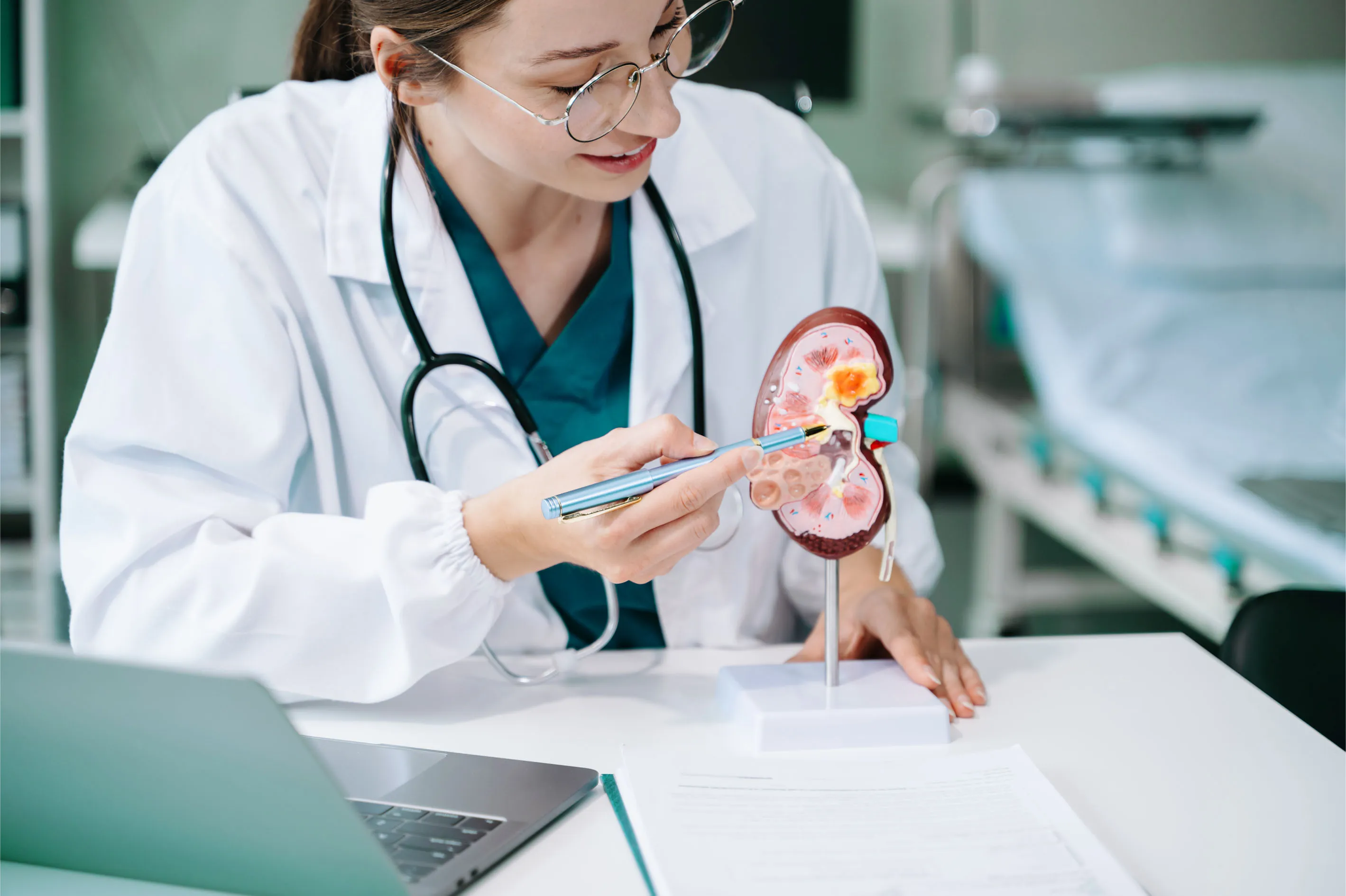 а nephrologist talking to a client and pointing at a kidney mock up