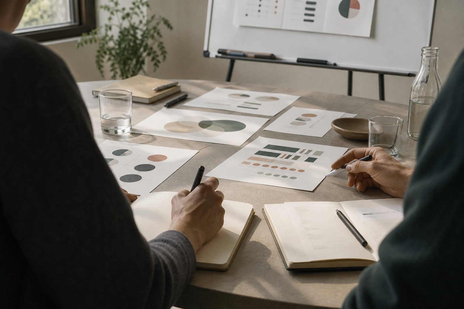 Editorial photograph of people reviewing printed decision materials around a table.