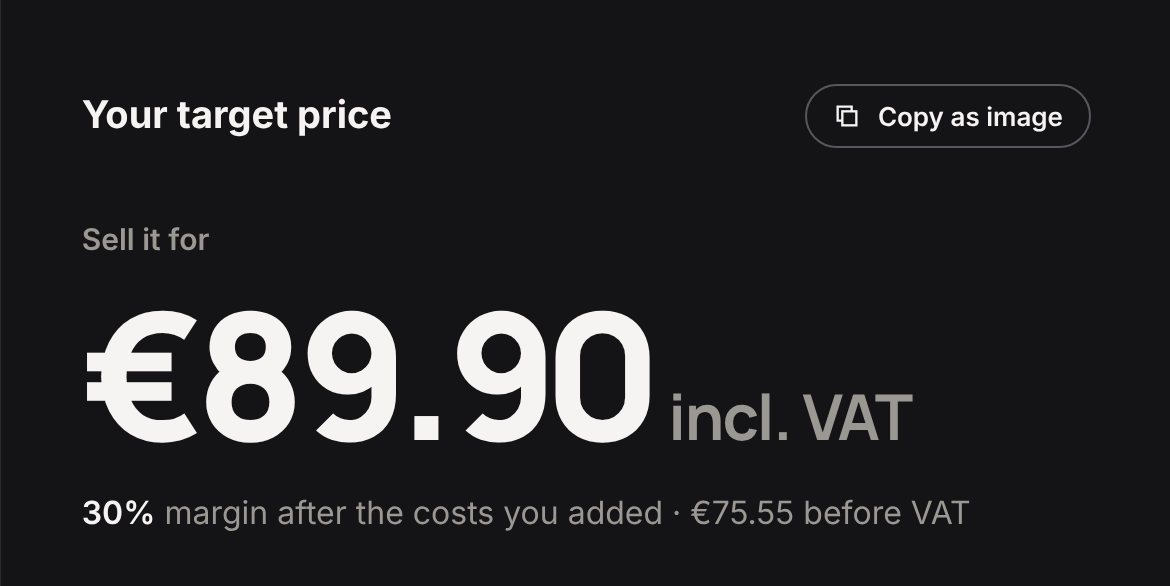 Target price tab at a 30% margin: sell it for €89.90 incl. VAT, €75.55 before VAT