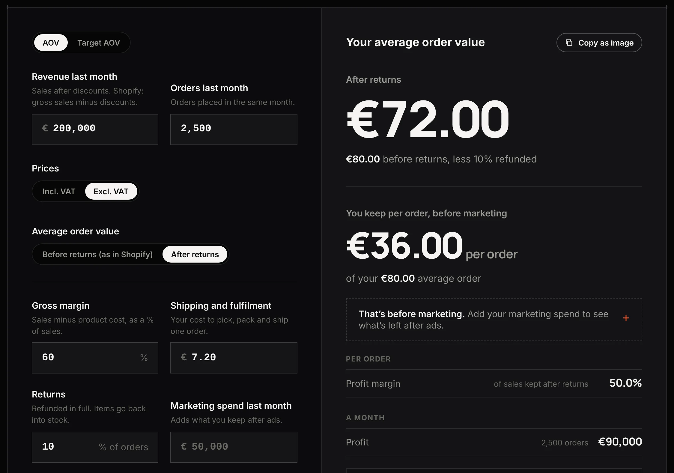 AOV calculator, AOV tab with the basis set to After returns: €200,000 and 2,500 orders give €72.00 after 10% returns, €36.00 kept per order before marketing