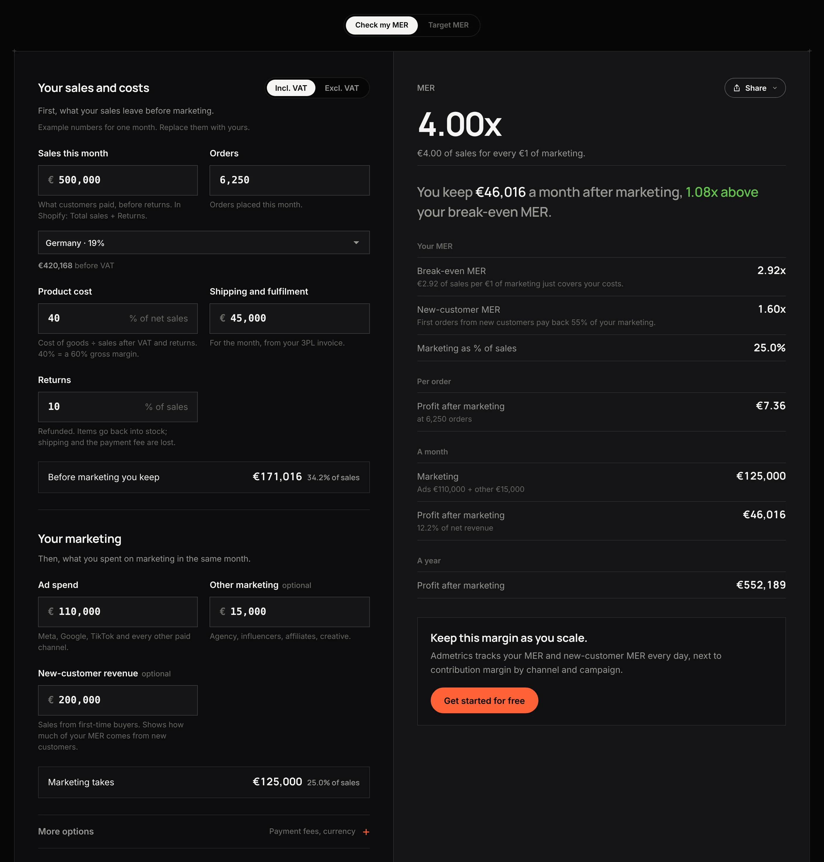 MER calculator, Check my MER tab: the example store's sales, costs and marketing on the left, MER 4.00x against a break-even MER of 2.92x on the right.