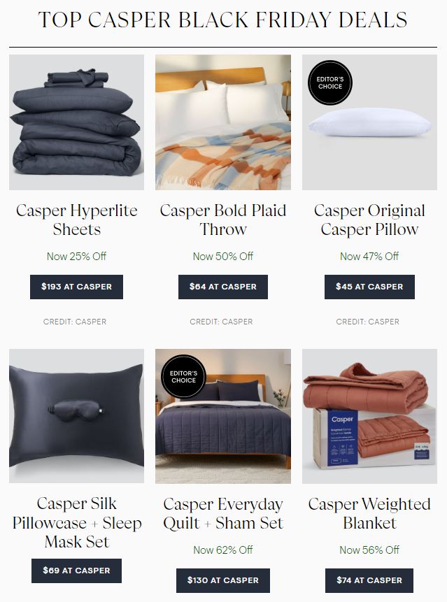 Casper's Black Friday deals page: tiered discounts, deepest on high-margin products