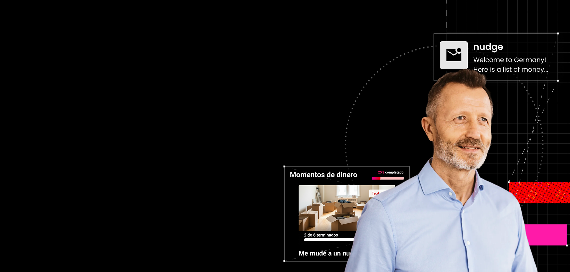 Smiling man in a light-blue shirt against a black digital background, with Spanish finance graphics and a “numa: Welcome to Germany” message.