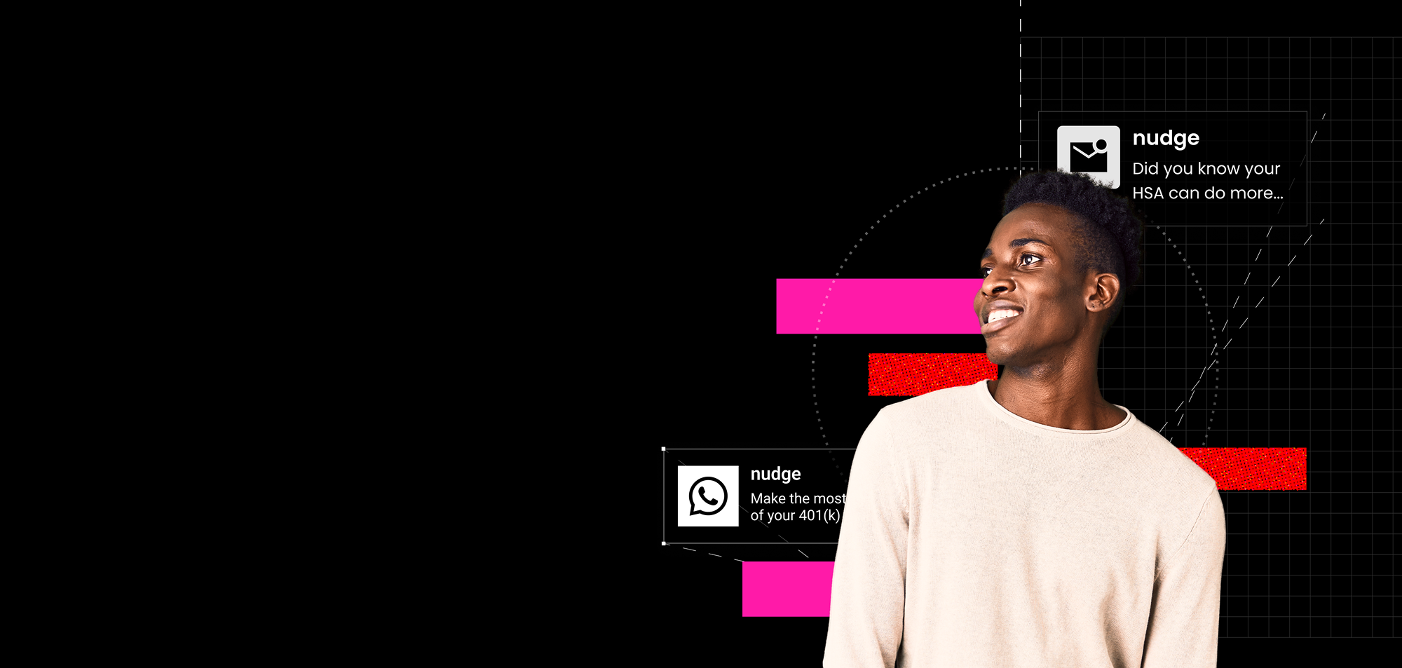 A man in a light sweater smiles, standing in front of a black background with pink graphics and chat notification icons.