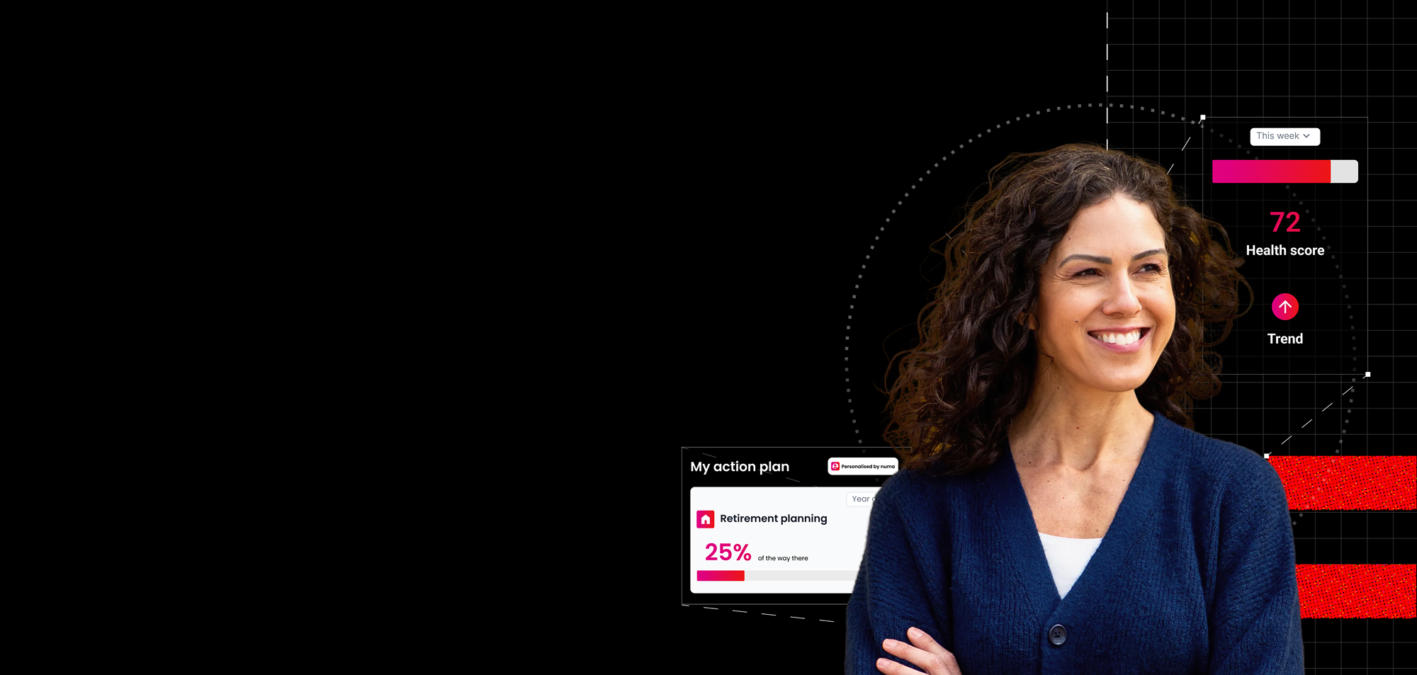 Smiling woman in a navy cardigan beside a futuristic health dashboard showing a 72 health score, trend data, and 25% movement progress.