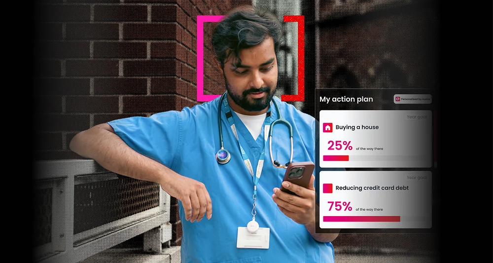 Man in blue medical scrubs with stethoscope around his neck looking at his smartphone, with an overlay showing a personal action plan including progress bars for buying a house at 25% and reducing credit card debt at 75%.