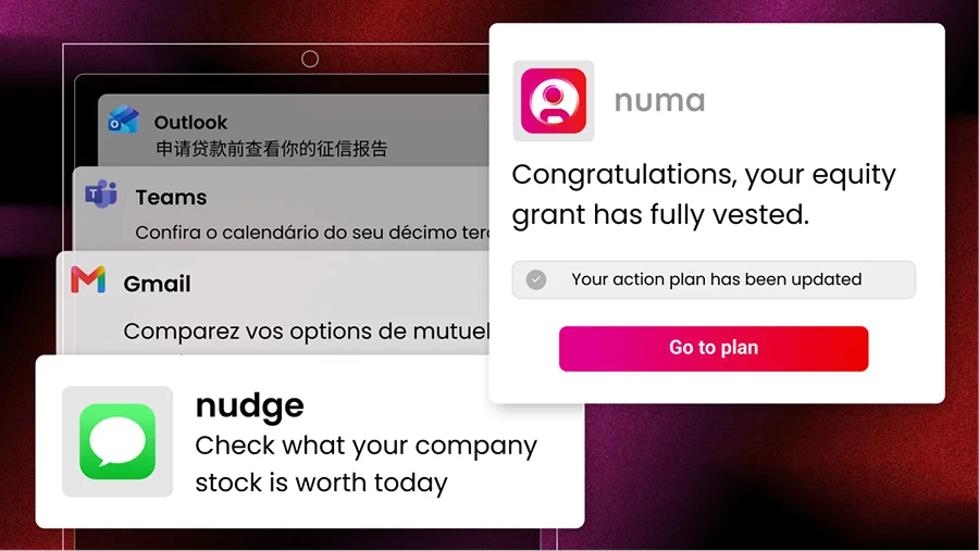 A digital notification interface showing multiple app notifications, including a congratulatory message from 'numa' about an equity grant fully vested, a 'nudge' alert about company stock value, and partial views of Outlook, Teams, and Gmail notifications in various languages.