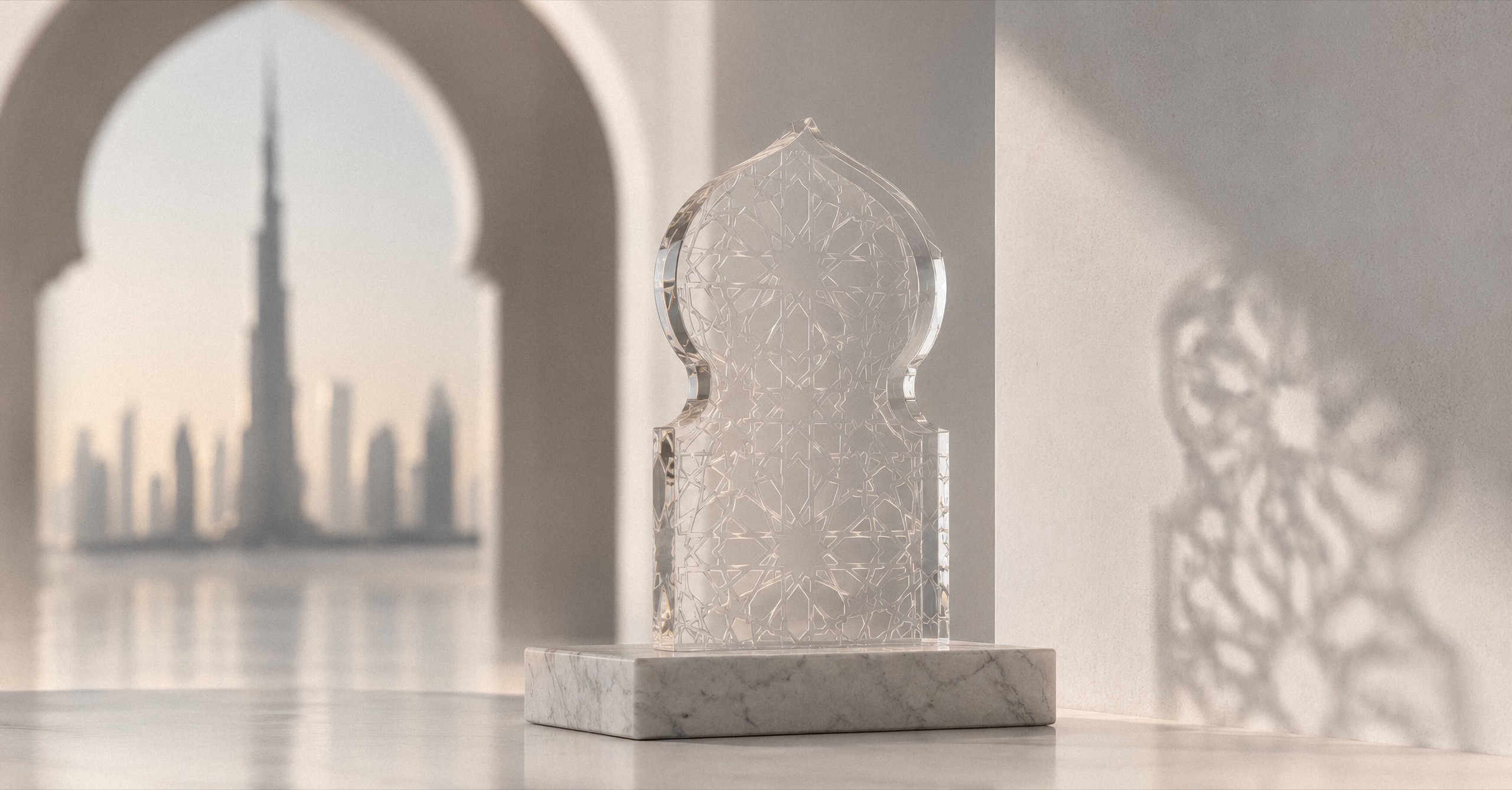 Crystal arch object on marble with the Dubai skyline behind