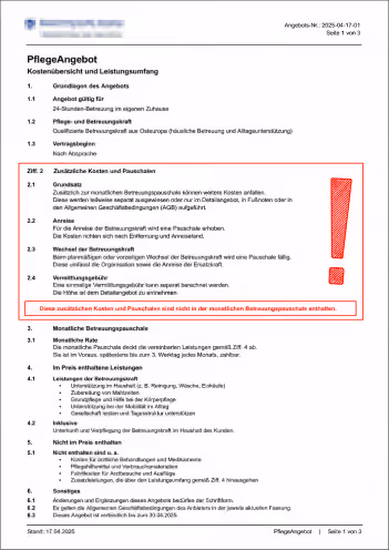 Pflegeangebot mit rot markierten Zusatzkosten für Anreise und Wechsel