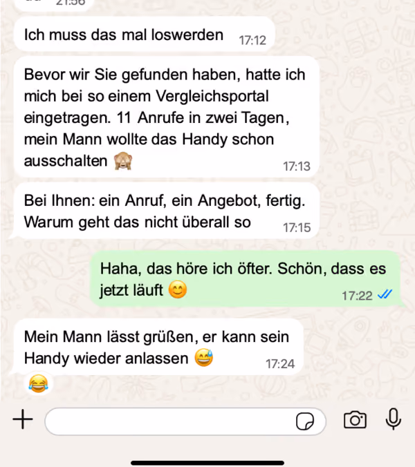 WhatsApp-Nachricht: schnelles Angebot statt vieler Anrufe bei Vergleichsportalen