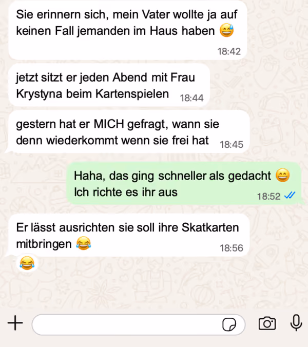 WhatsApp-Nachricht: der Vater lässt ausrichten, die Skatkarten mitzubringen