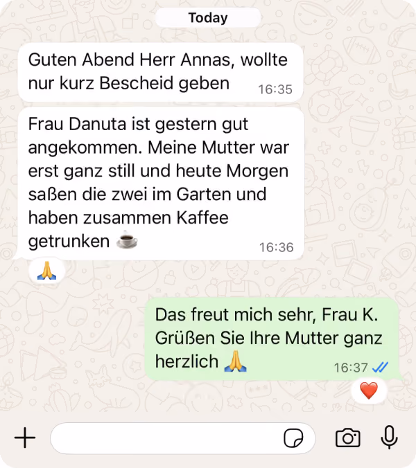 WhatsApp-Nachricht: Betreute und Betreuungskraft haben morgens zusammen Kaffee getrunken