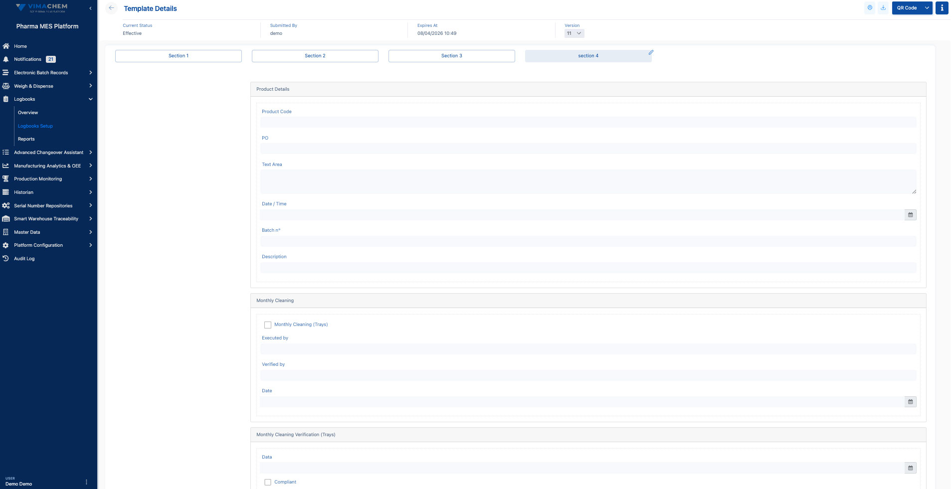 Screenshot of the Vimachem electronic logbook software for pharma