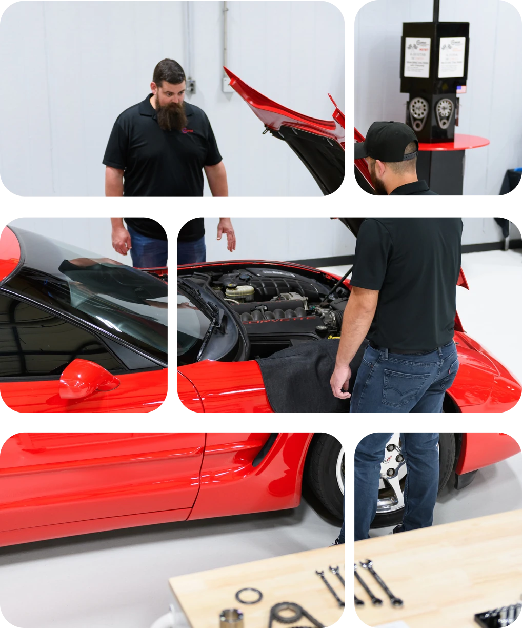 Cloyes technicians working on a red sports car, shown as a tiled mosaic