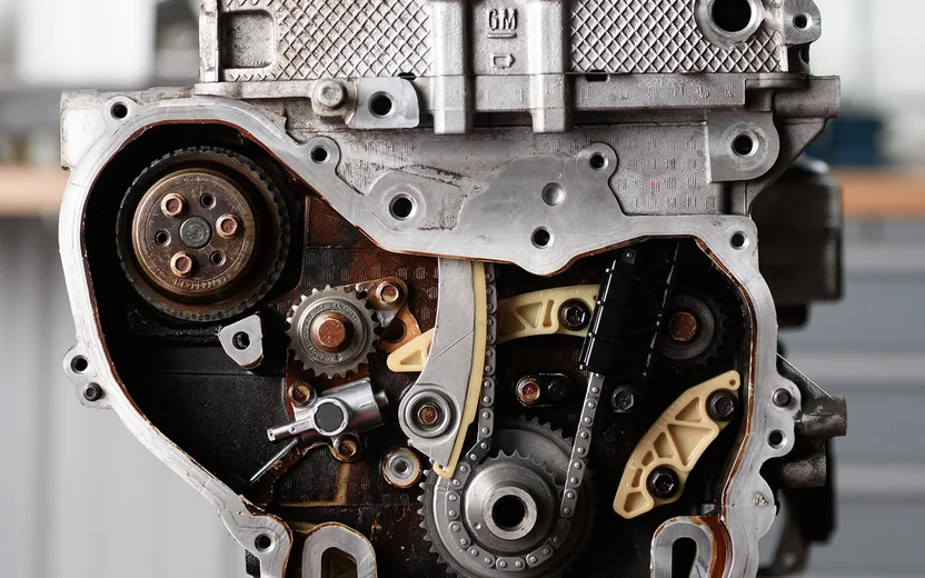 Timing chain and cam gears on a cutaway engine core