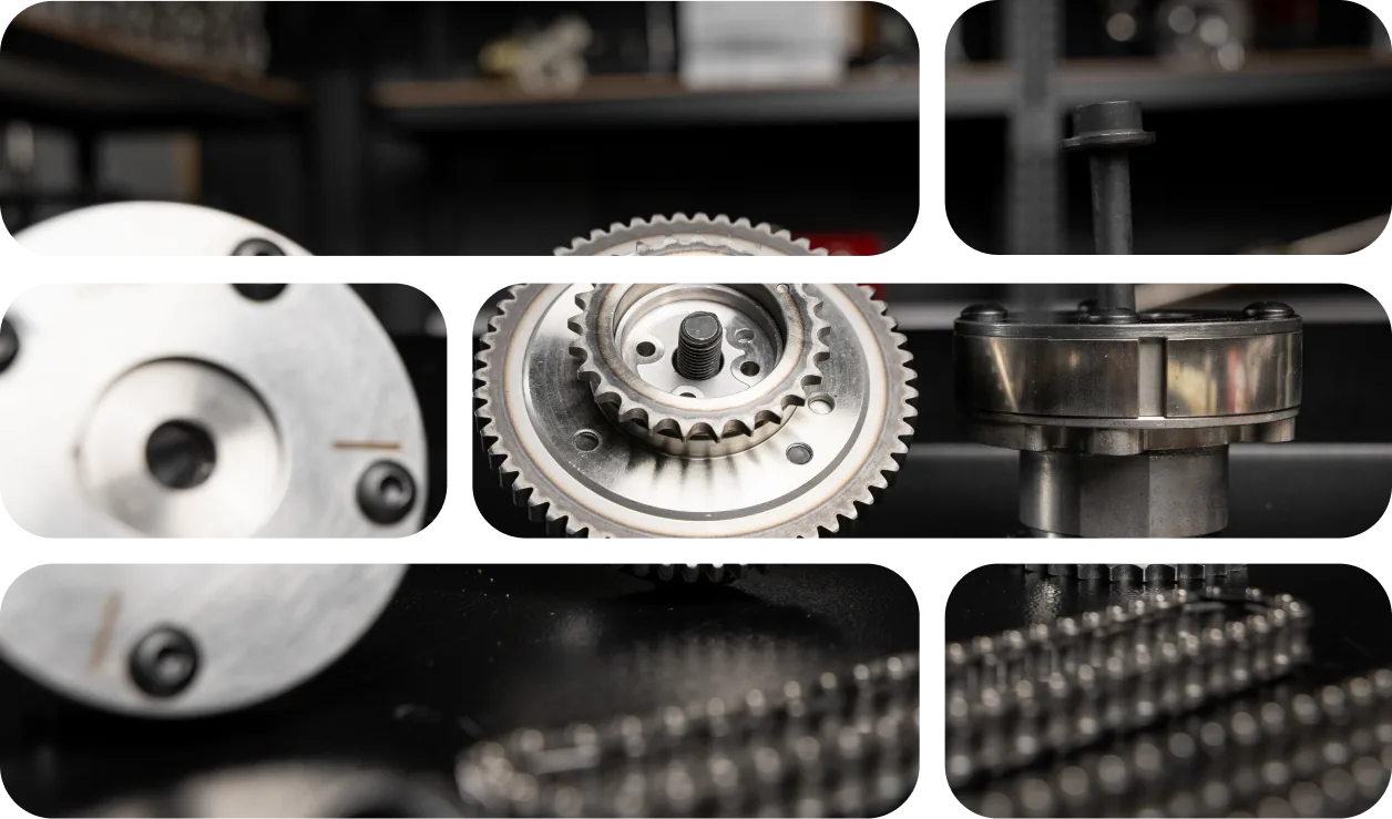 Collage of high performance timing sprockets, cam gears and roller timing chains