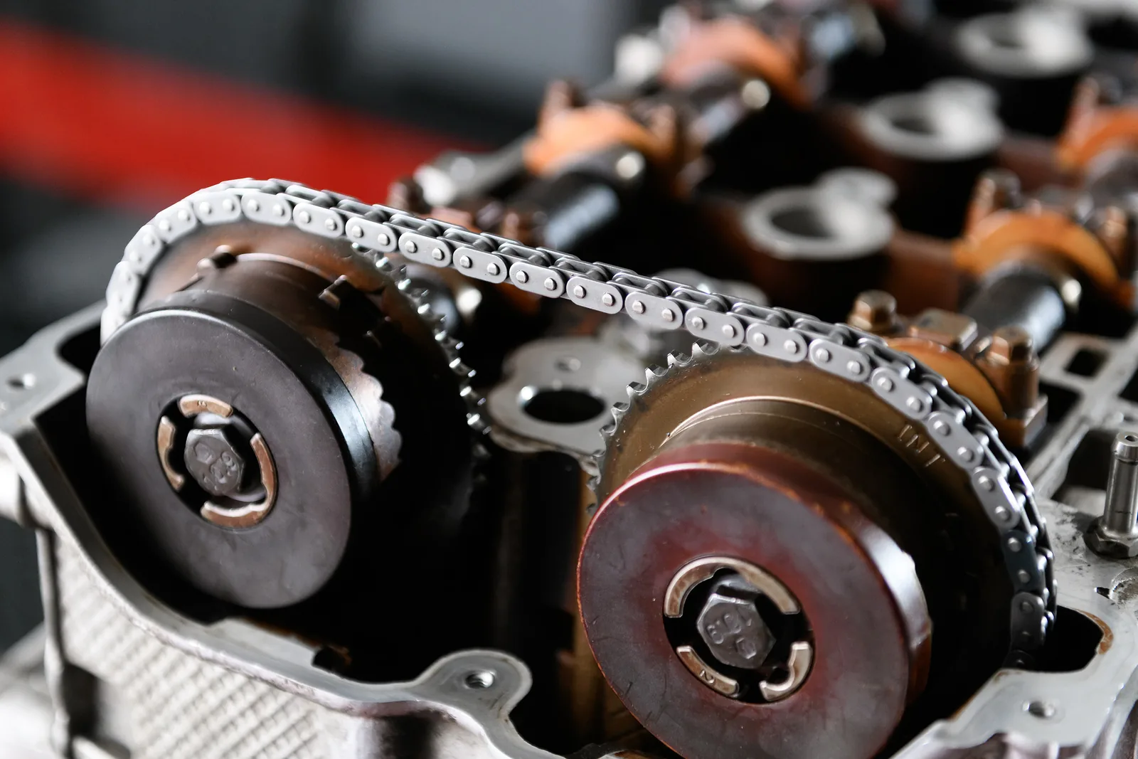 Timing chain and cam sprockets on a performance engine