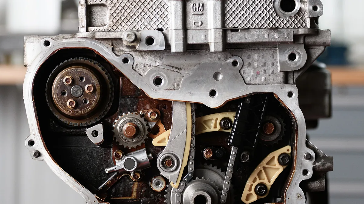 Timing chain, guides and sprockets exposed on a GM engine front