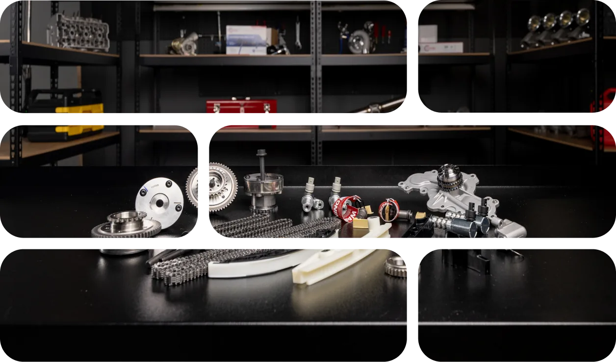Cloyes accessory drive belts, tensioners, pulleys and timing components on a workshop bench
