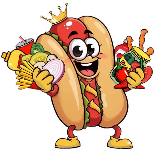 Cartoon hot dog character with a crown holding fries and condiments, smiling with big eyes.