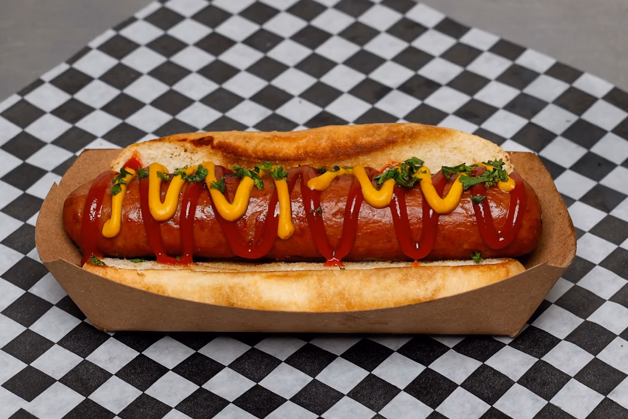 Grilled hot dog in a bun with mustard, ketchup, and chopped herbs on checkered paper.