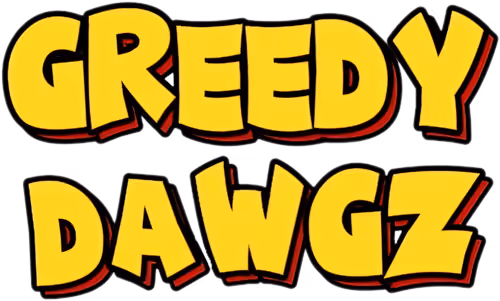Yellow stylized text reading 'GREEDY DAWGZ' with black and red outlines on transparent background.