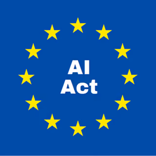 Blue background with yellow stars in a circle and the words AI Act in the center.