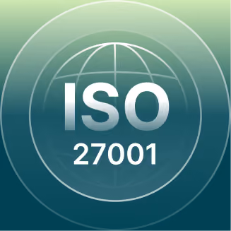 ISO 27001 text over a globe icon with gradient blue-green background and circular lines.
