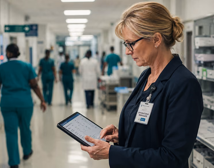 Operations manager in glasses using a tablet in a busy hospital corridor with staff in scrubs.