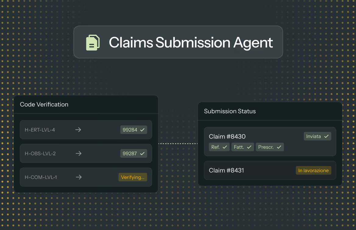 Claims Submission Agent UI showing code verification and submission status for claims 8430 and 8431.