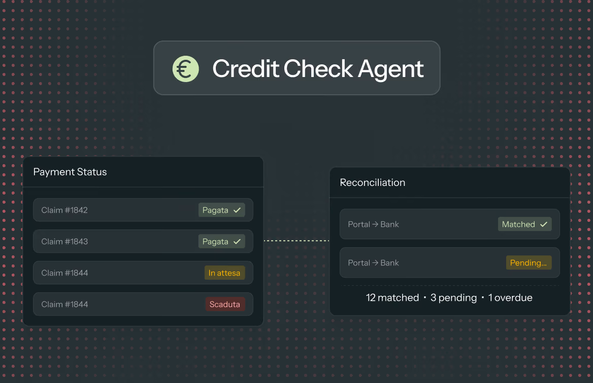 Credit Check Agent interface showing payment status of claims and reconciliation with bank portal statuses.