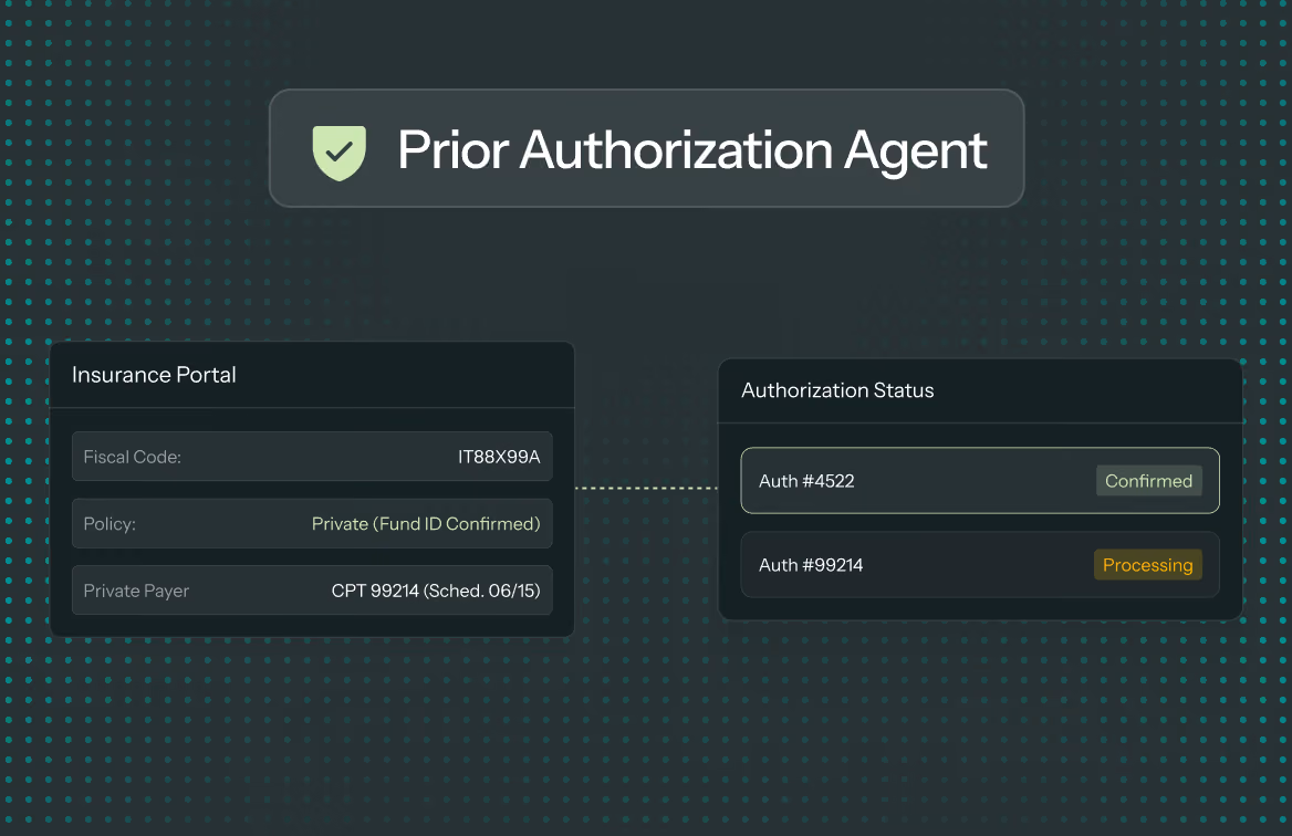 Dashboard showing Insurance Portal with policy details and Authorization Status with confirmed and processing entries.