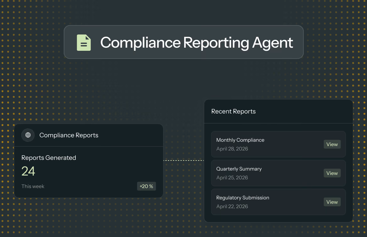 Dashboard showing 24 compliance reports generated this week and recent reports with view buttons.