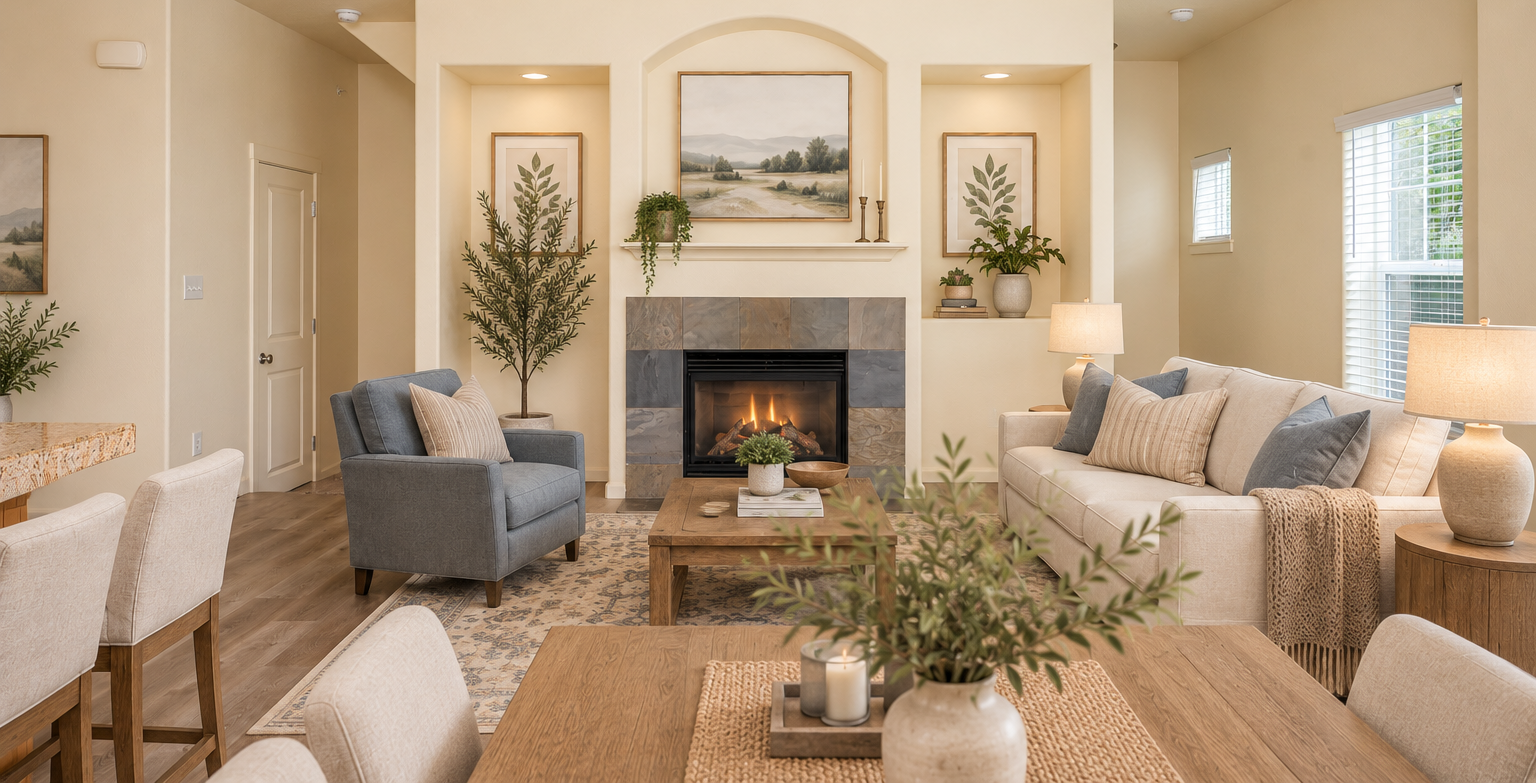 Lookout at the Ridge living room with fireplace and windows