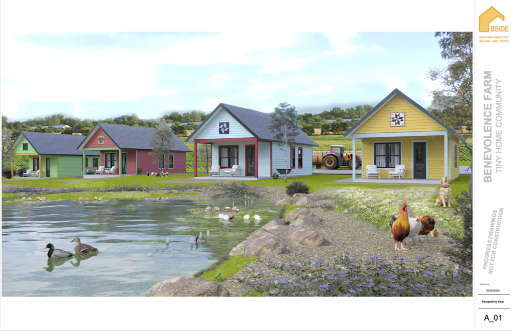 Architectural rendering of the tiny home community beside a pond