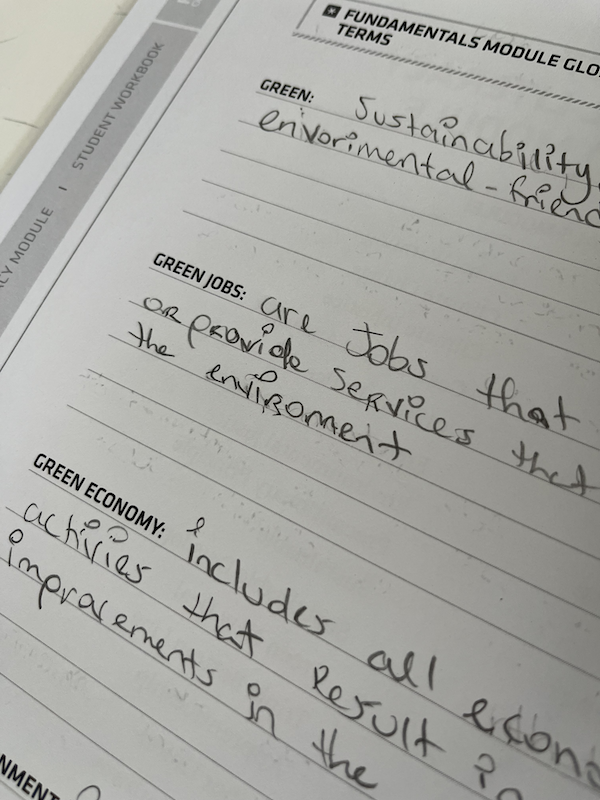 Handwritten notes in a Roots of Success workbook